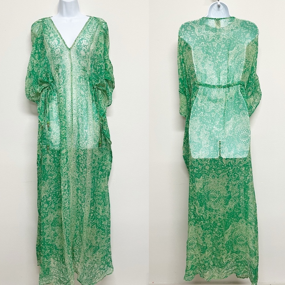 Ella Moss Mermaidcore Silk Sheer Vibrant Green Paisley Patterned Boho Kaftkan